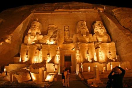The Great Temple of Abu Simbel floodlit after dark