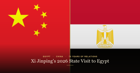 Egyptian and Chinese flags side by side, marking Xi Jinping's 2026 state visit to Egypt